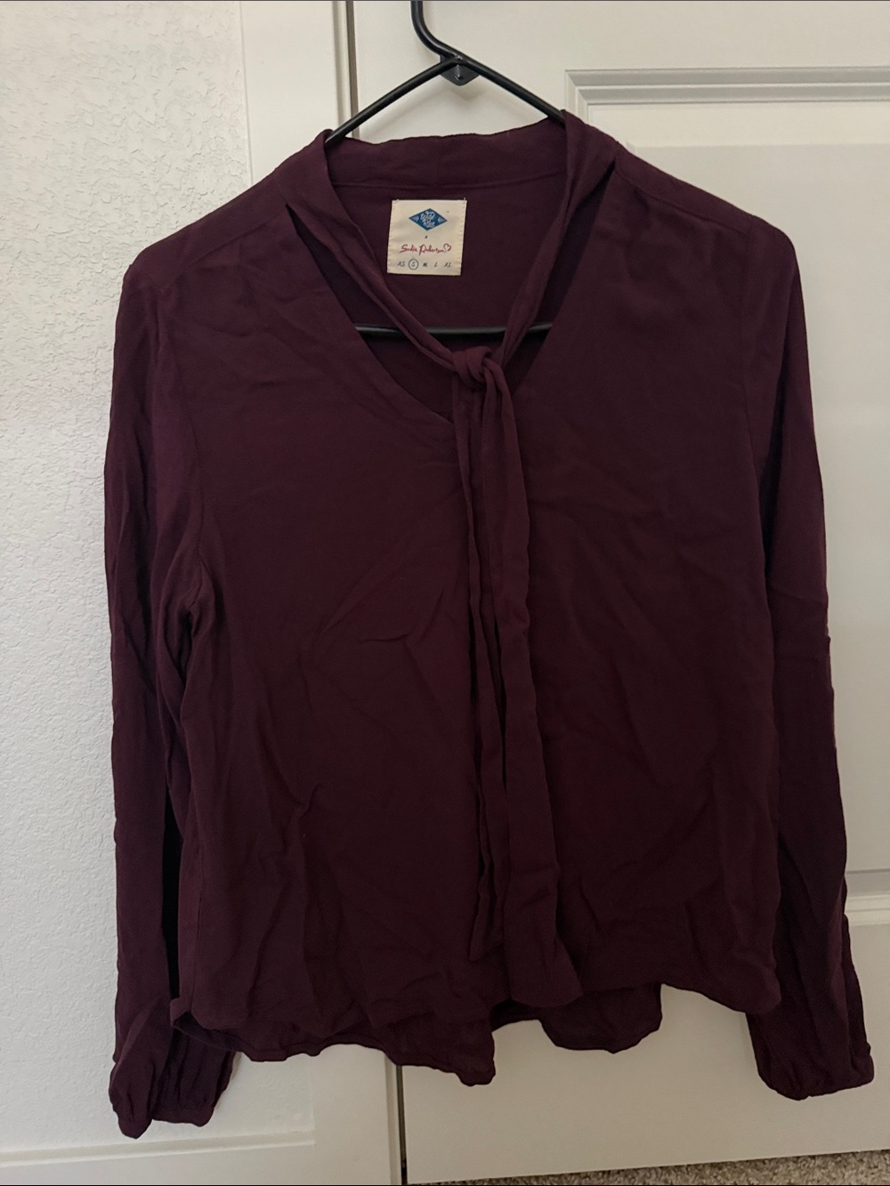 Women's Plum Tie-Neck Blouse with Long Sleeves
